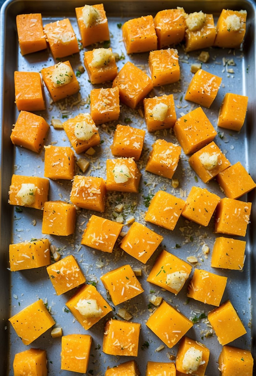 Cubes of butternut squash coated in garlic and parmesan, arranged on a baking sheet ready to be roasted