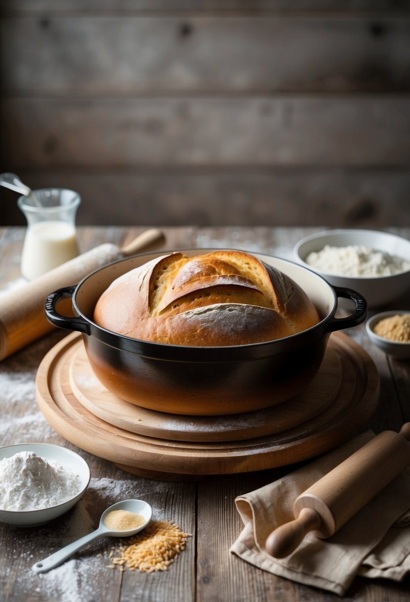 A rustic kitchen scene with a golden loaf of homemade bread baking in a dutch oven on a wooden table, surrounded by flour, yeast, and a rolling pin