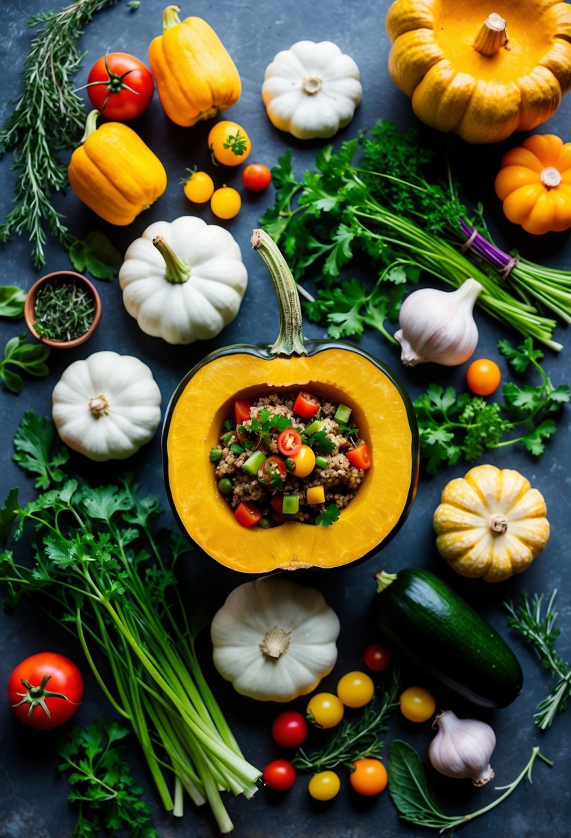 A colorful array of fresh vegetables and herbs arranged around a halved acorn squash, ready to be stuffed and baked