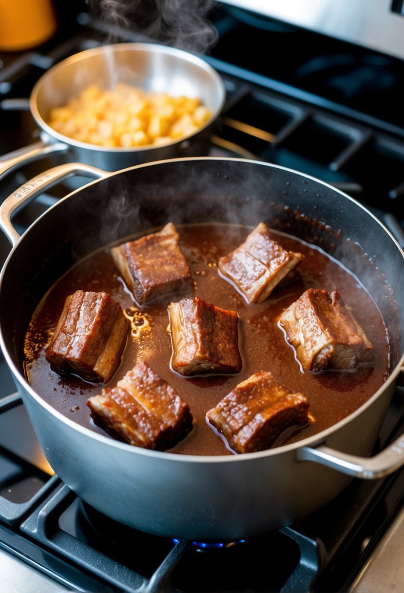 Beef short ribs simmering in a bubbling cola-infused sauce inside a steaming Dutch oven on a stovetop