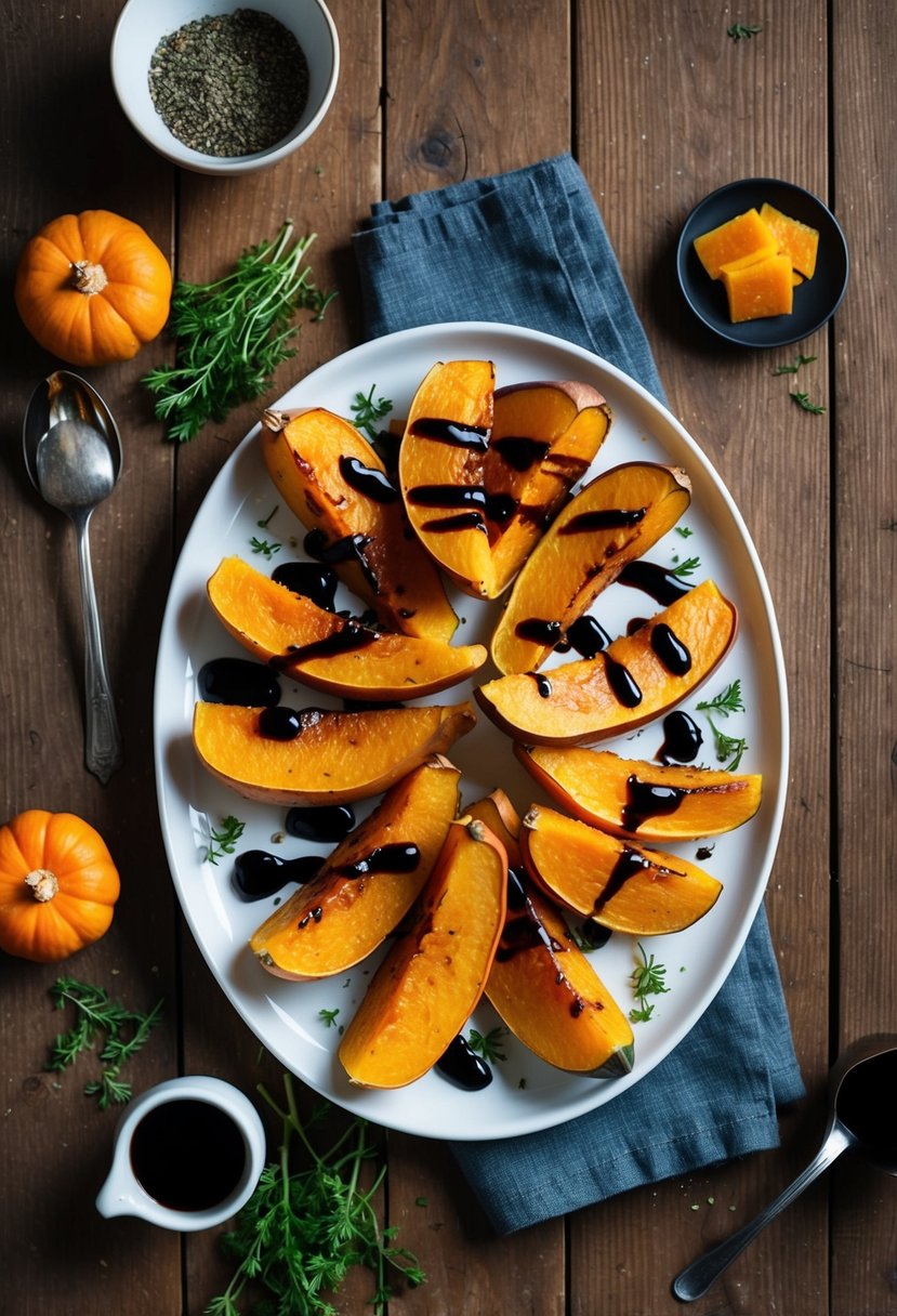 A rustic wooden table with a platter of perfectly roasted butternut squash slices drizzled with balsamic glaze, surrounded by scattered fresh herbs and spices