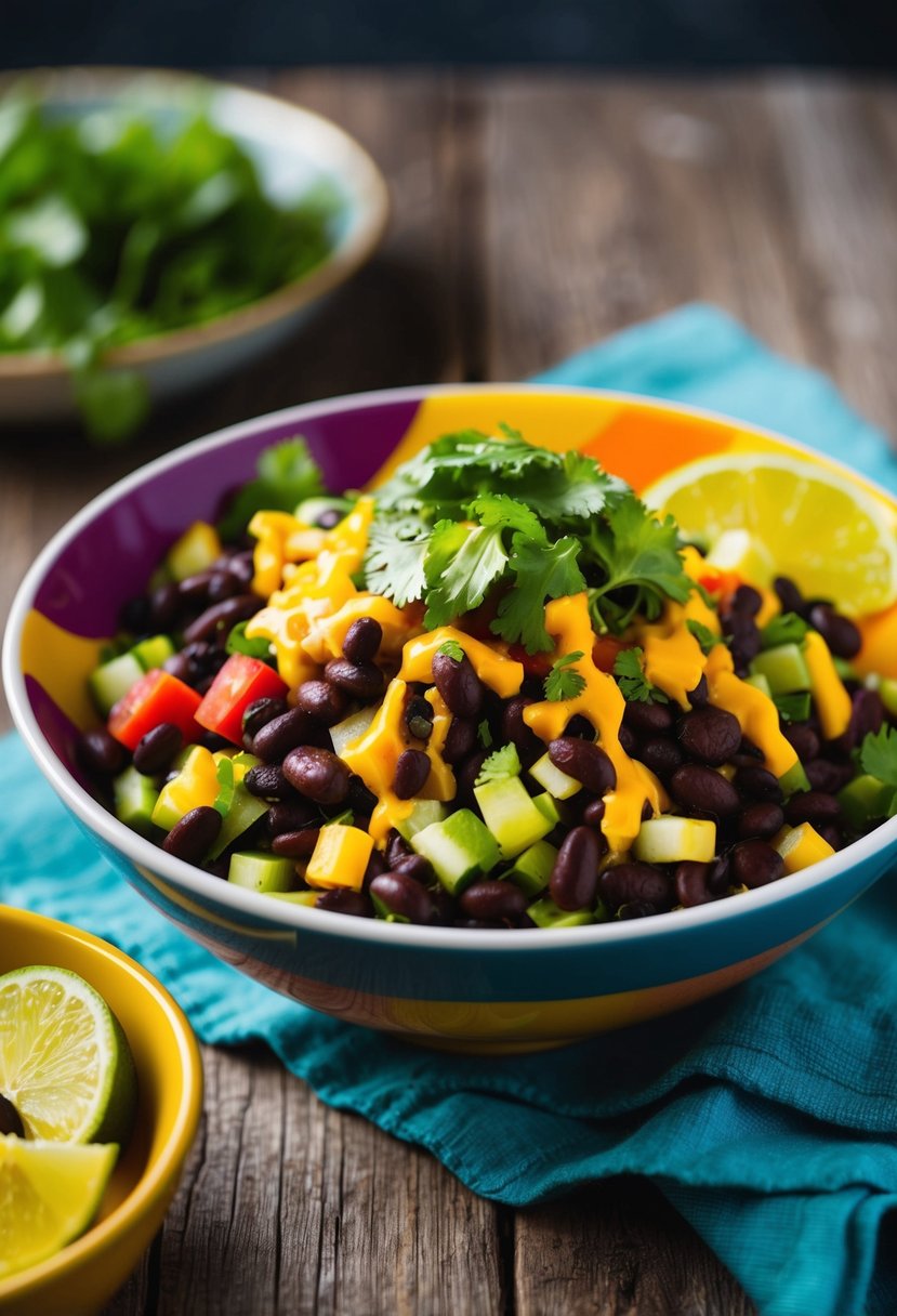 A colorful bowl filled with black bean taco salad, topped with fresh vegetables and a zesty dressing, sits on a rustic wooden table