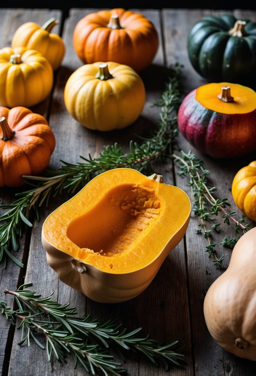 A rustic wooden table with a variety of colorful squash, fresh rosemary, and thyme scattered around. A halved butternut squash sits in the center