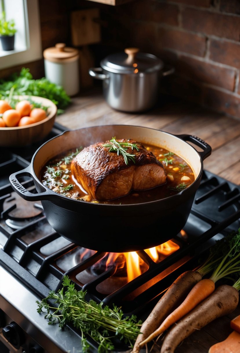 A rustic kitchen with a bubbling pot roast in a cast iron dutch oven on a wood-burning stove, surrounded by fresh herbs and root vegetables