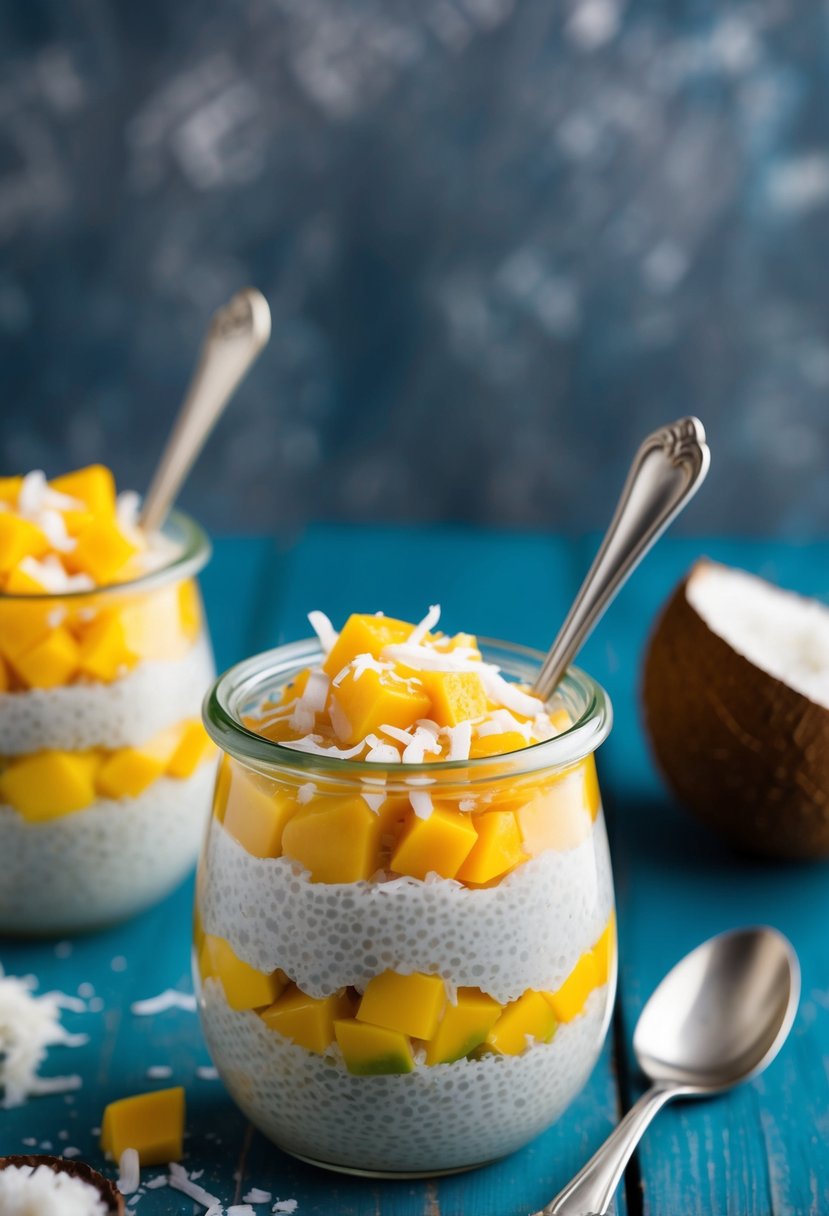 A glass jar filled with layered mango coconut chia pudding, topped with fresh fruit and shredded coconut