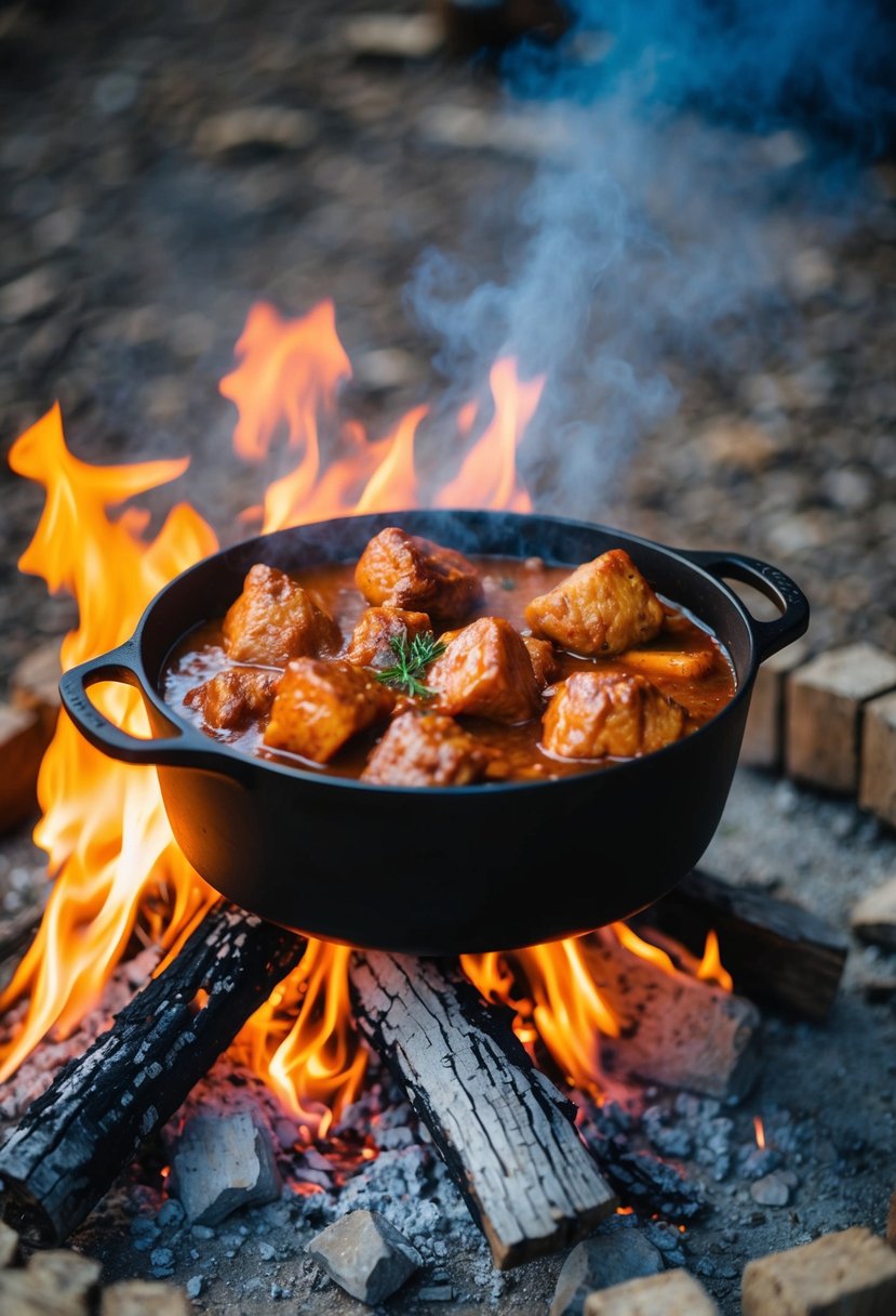 A bubbling dutch oven sits atop a crackling campfire, filled with hearty chunks of meat and simmering in a rich, savory sauce