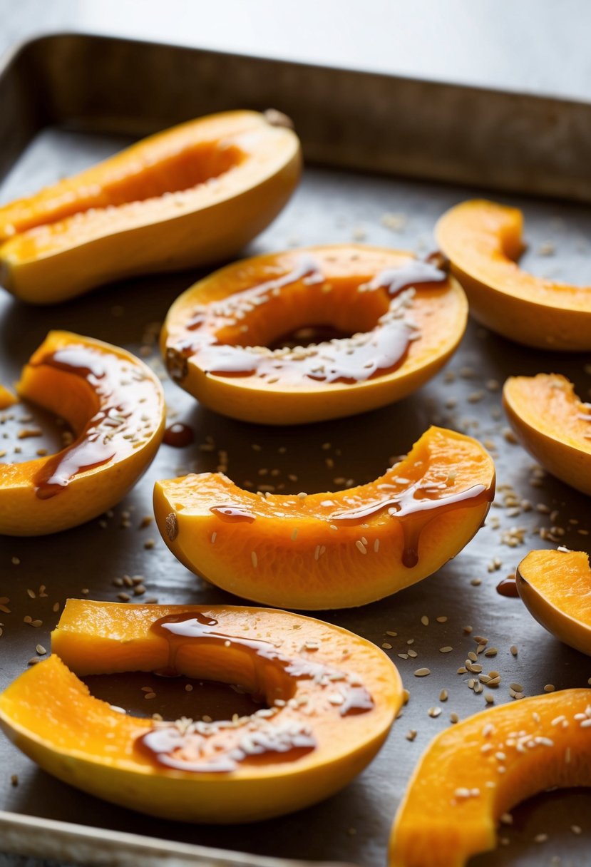 Golden butternut squash slices drizzled with sesame glaze on a baking sheet