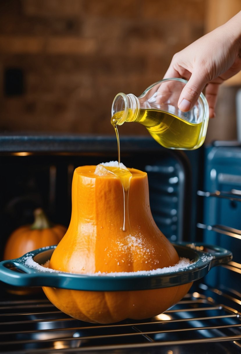 A butternut squash being drizzled with olive oil and sprinkled with sea salt before being placed in the oven