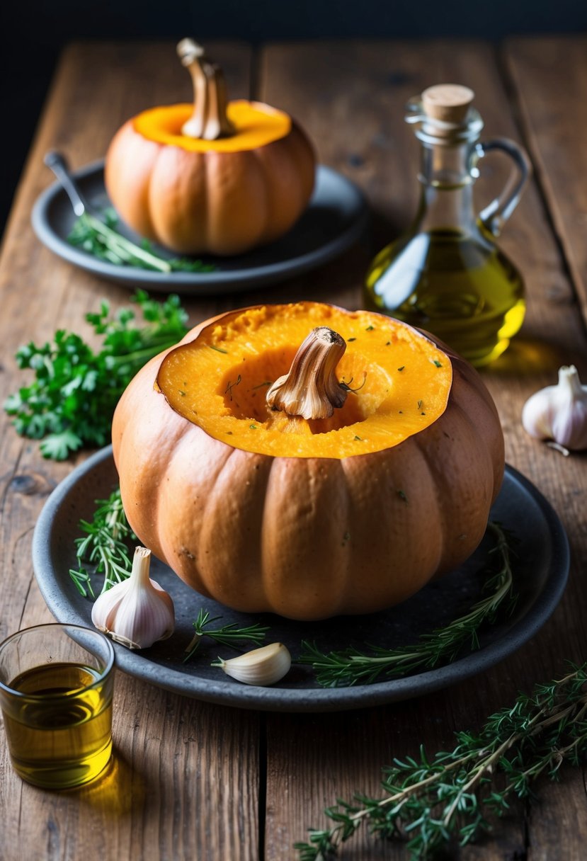 A rustic wooden table set with a whole roasted butternut squash, surrounded by fresh herbs, garlic cloves, and olive oil