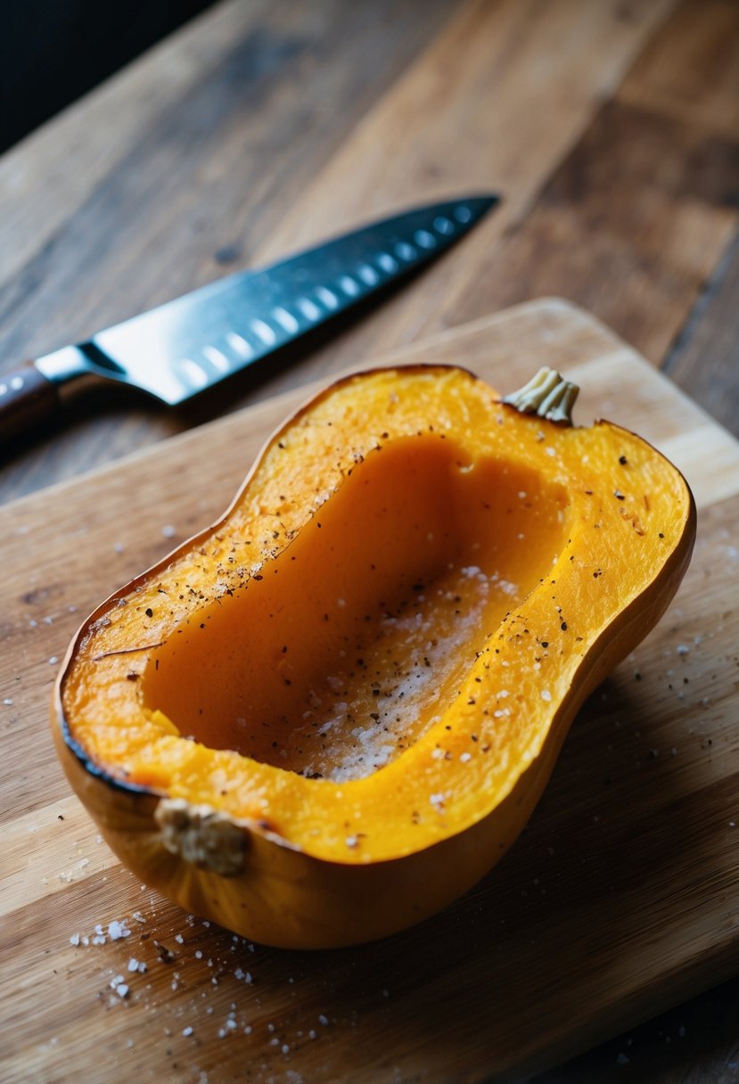 A golden roasted butternut squash sprinkled with salt and pepper on a rustic wooden cutting board