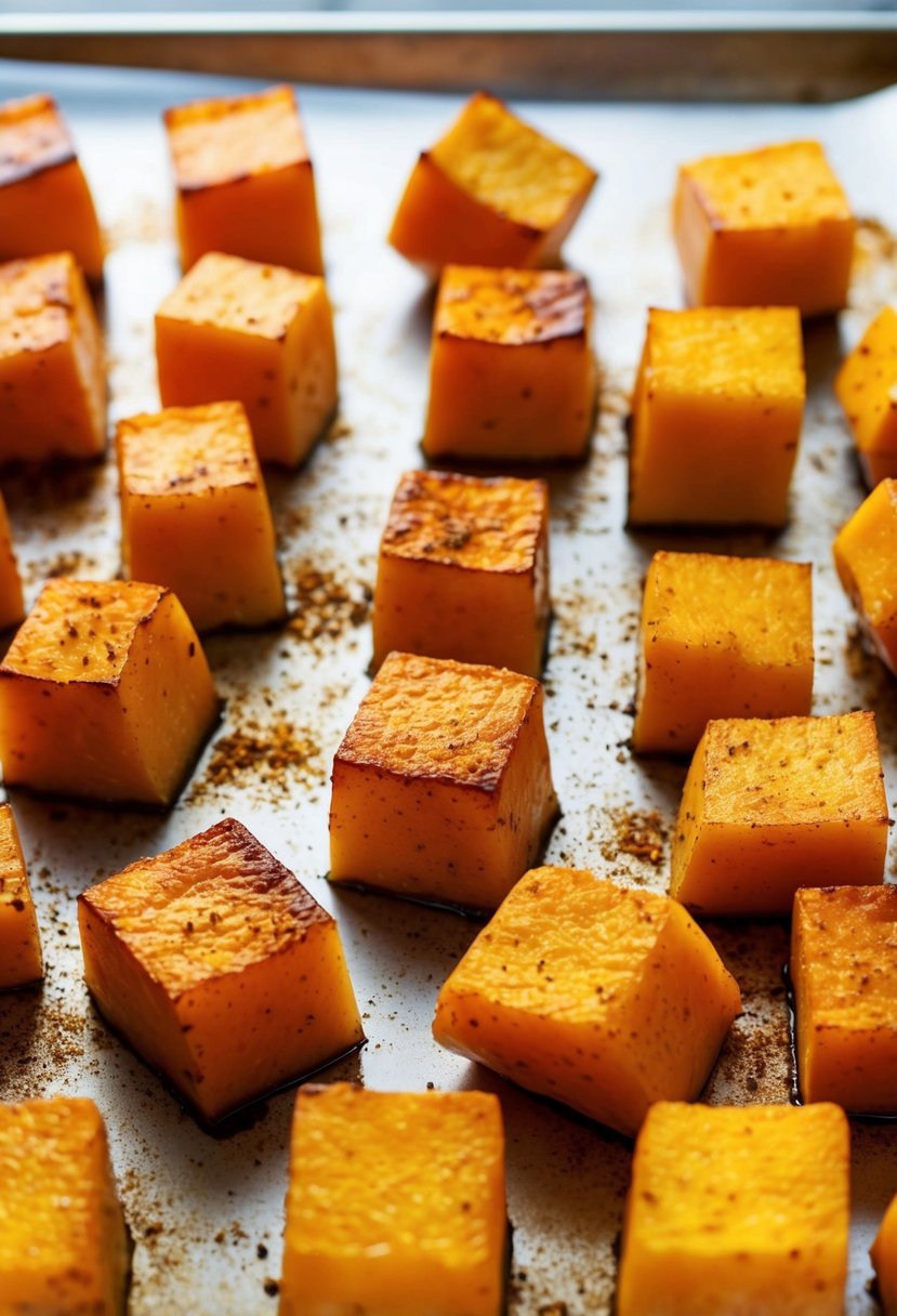 Cubes of butternut squash coated in curry spices, roasting on a baking sheet