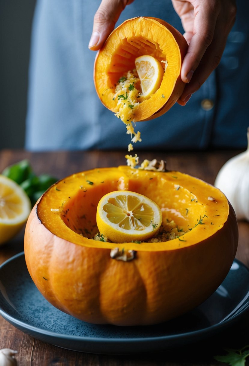 A vibrant butternut squash being infused with zesty lemon and garlic, ready to be roasted to perfection