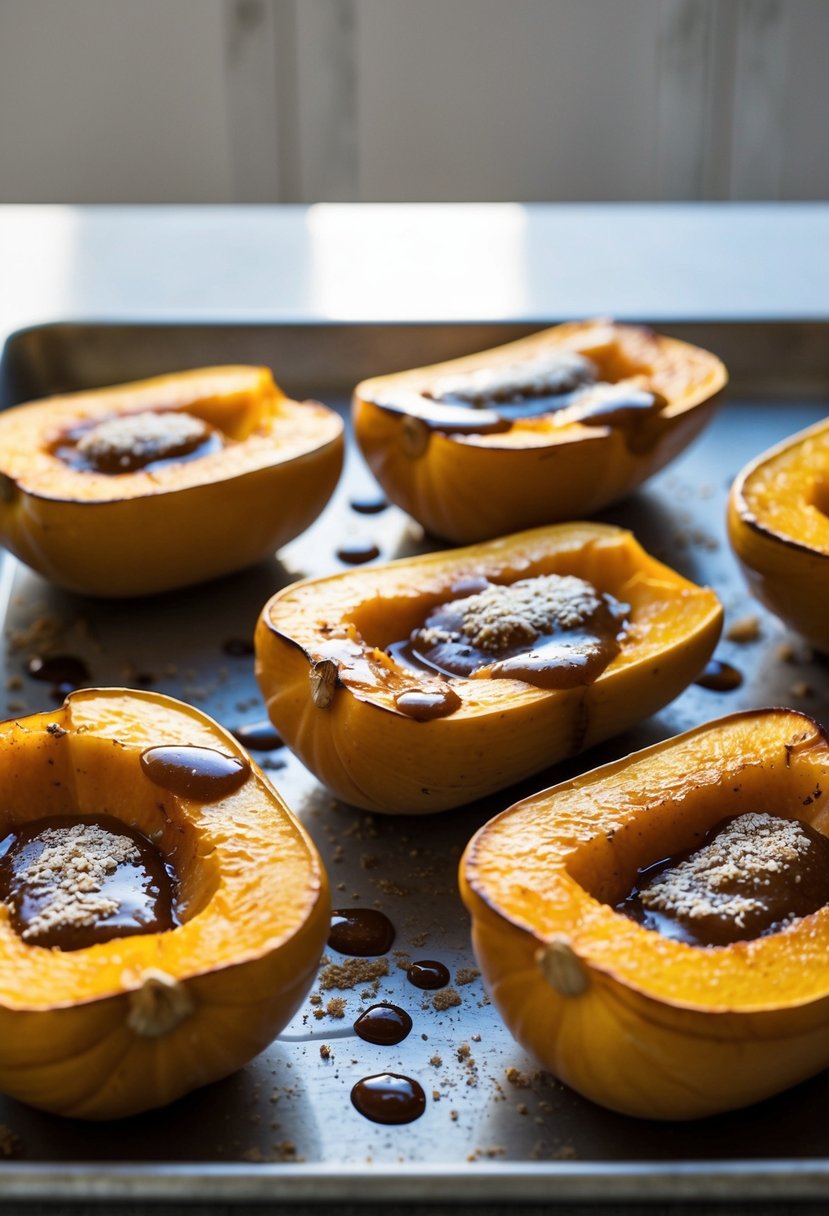 Butternut squash halves drizzled with rich brown sugar glaze, roasting on a baking sheet