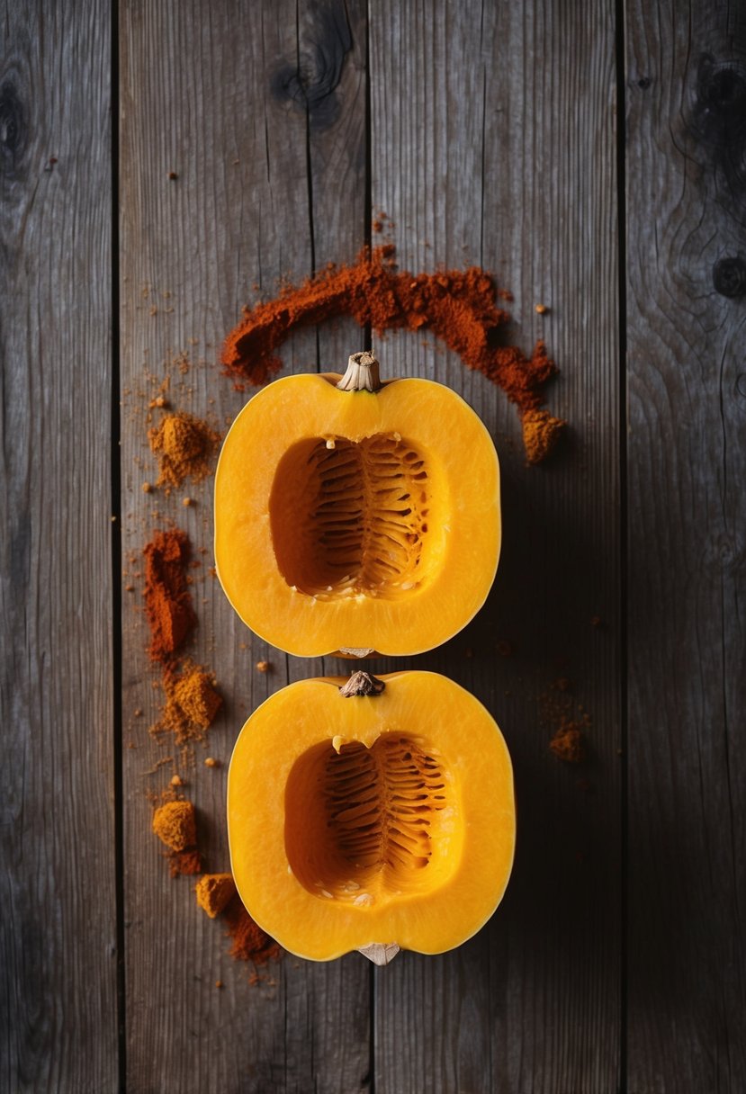 A rustic wooden table with a halved butternut squash, surrounded by scattered smoky paprika and cumin spices