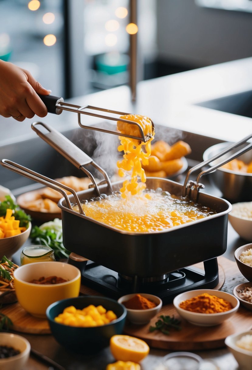 A bubbling deep fryer surrounded by various ingredients and utensils