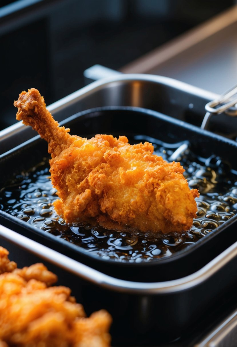 A golden-brown piece of crispy fried chicken sizzling in a bubbling deep fryer