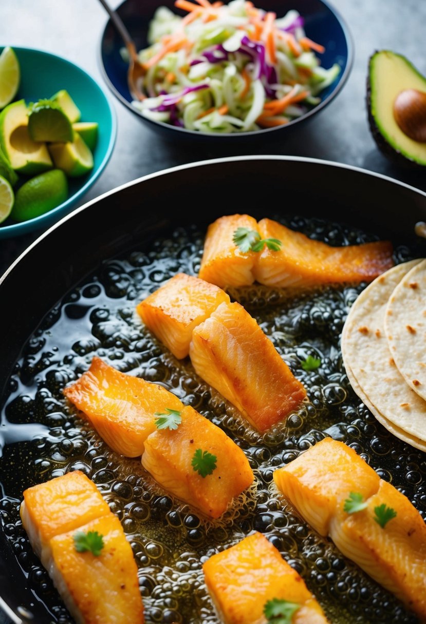 Golden fish fillets frying in bubbling oil, surrounded by bowls of vibrant cabbage slaw, creamy avocado, and warm tortillas