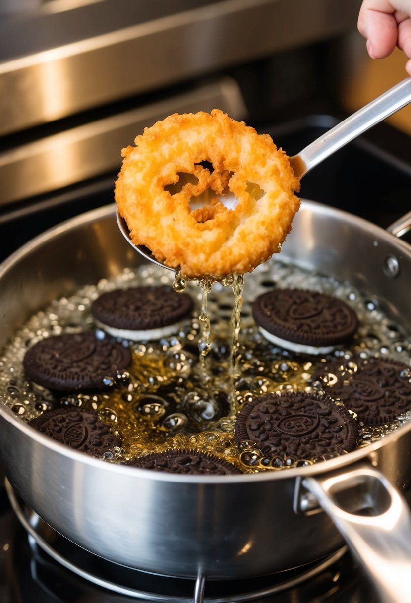 A sizzling deep fryer filled with bubbling oil, with golden brown, crispy Deep-Fried Oreos being lifted out with a slotted spoon