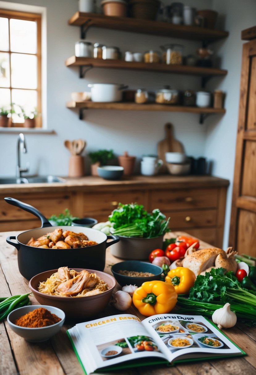 A rustic kitchen with a wooden table covered in various ingredients like chicken, vegetables, and spices. A pot and a cookbook open to a page of chicken dump recipes sit nearby