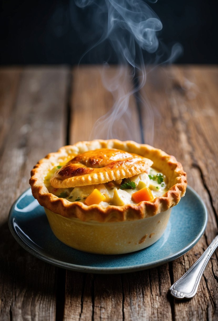 A steaming pot pie sits on a rustic wooden table, golden crust glistening with a creamy chicken and vegetable filling