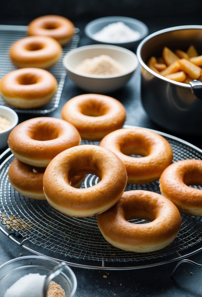 Freshly fried doughnuts cooling on a wire rack, surrounded by ingredients and a deep fryer