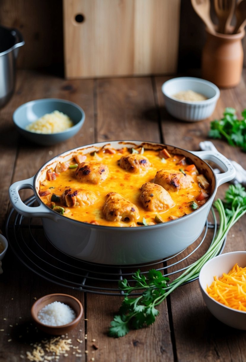 A rustic kitchen with a bubbling casserole dish filled with cheesy chicken and vegetables, surrounded by scattered recipe ingredients