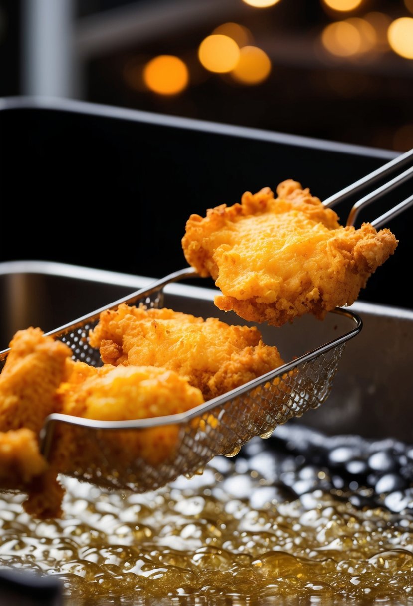 Golden pieces of buttermilk fried chicken sizzling in a bubbling deep fryer