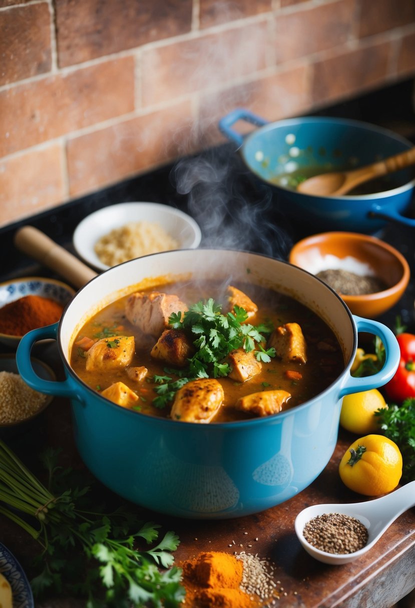 A steaming pot of Moroccan chicken stew surrounded by vibrant spices and fresh ingredients on a rustic kitchen countertop