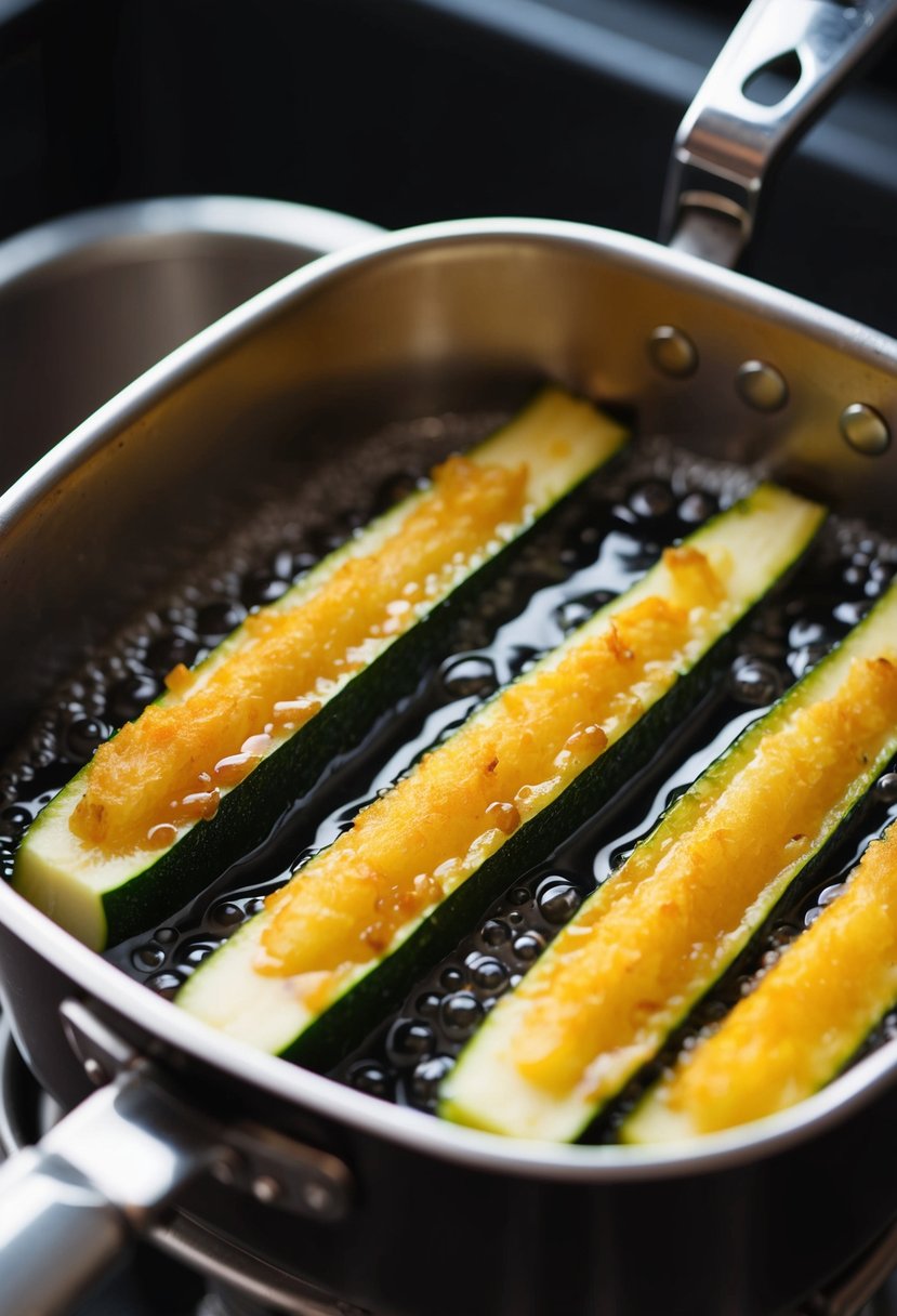 Golden zucchini spears sizzling in a bubbling deep fryer