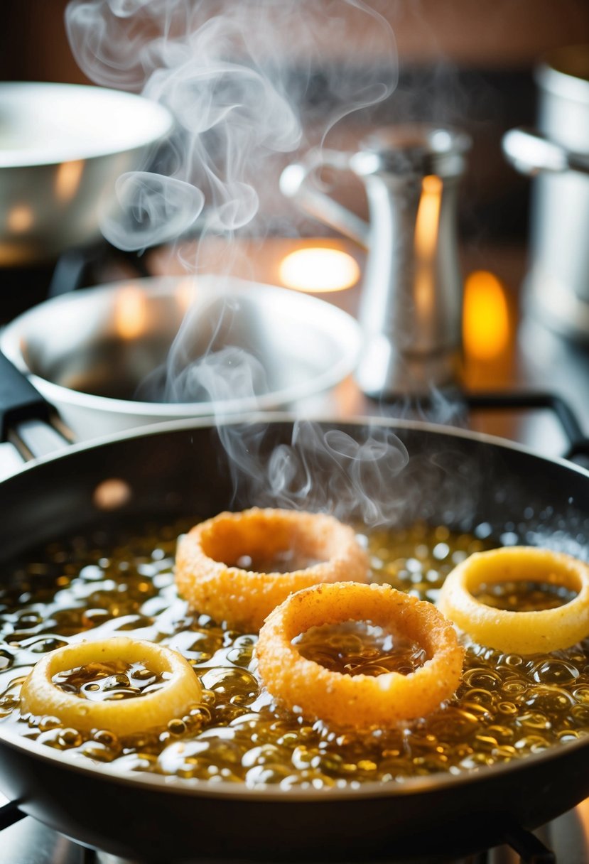 Golden onion rings sizzling in bubbling oil, steam rising