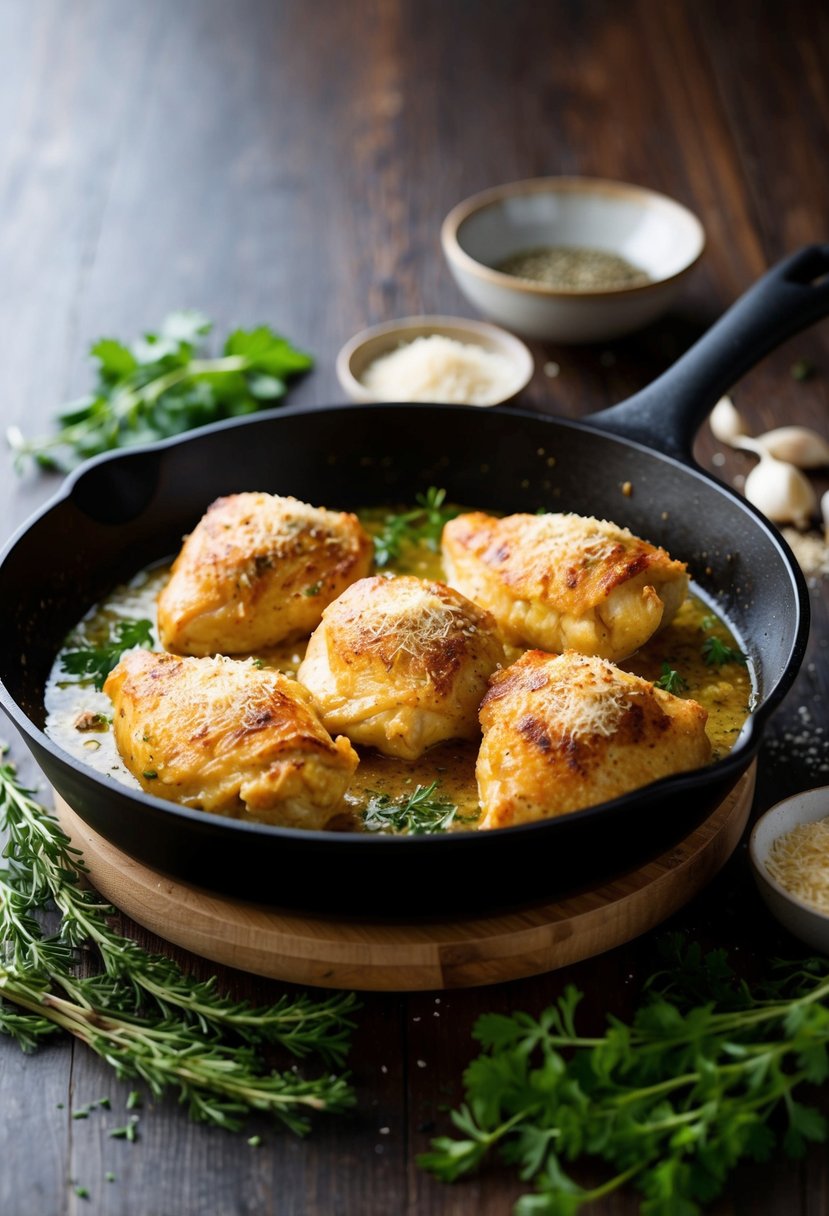 A sizzling skillet of garlic parmesan chicken surrounded by fresh herbs and spices