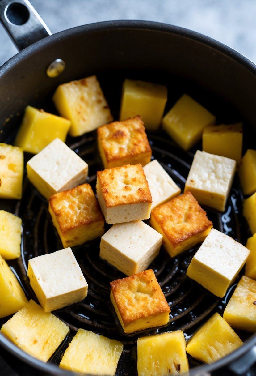 Golden cubes of tofu sizzling in a deep fryer, surrounded by chunks of juicy pineapple