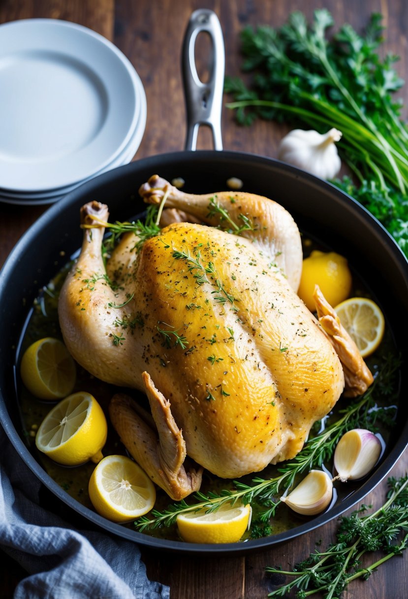 A whole chicken covered in lemon and garlic, surrounded by fresh herbs and vegetables, ready to be baked in a roasting pan