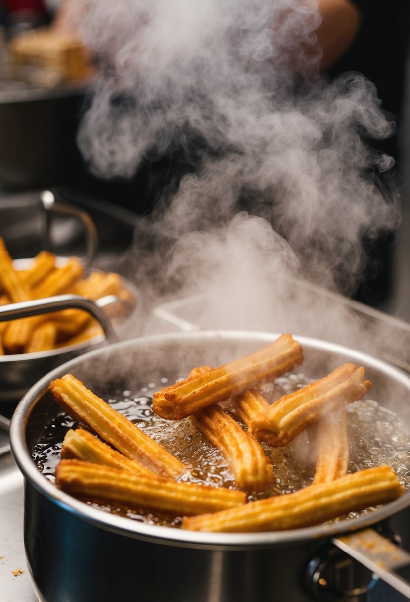 Golden churros sizzling in a bubbling deep fryer, surrounded by a cloud of steam, with a tantalizing aroma filling the air