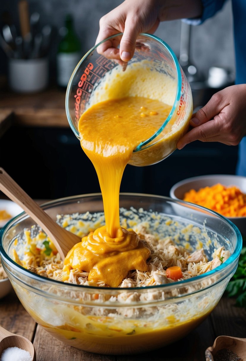 A colorful array of ingredients being mixed and poured into a large mixing bowl to create a sticky and savory chicken dump recipe