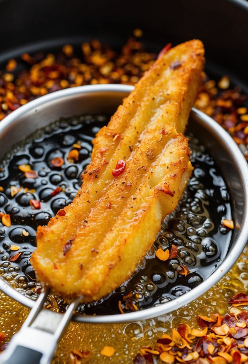 Golden finger steaks sizzling in a bubbling deep fryer. Red chili flakes and spices scattered around