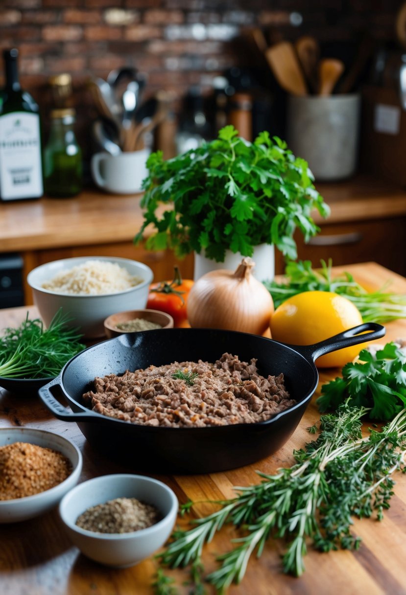 A rustic kitchen counter with fresh herbs, a cast iron skillet, and ground venison surrounded by ingredients for various recipes