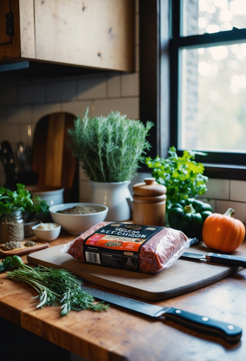 A rustic kitchen counter with various fresh herbs, spices, and a package of ground venison, alongside a cutting board and knife