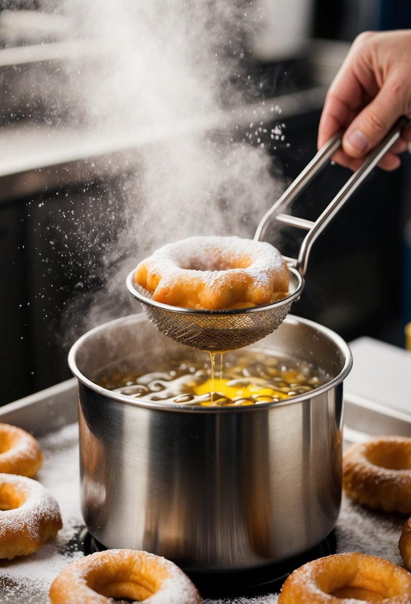 A stainless steel funnel cake deep fryer bubbling with hot oil, surrounded by a cloud of powdered sugar and the aroma of fried dough