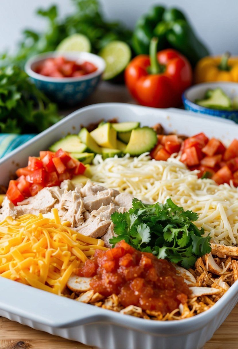 A colorful array of ingredients being layered in a baking dish, including shredded chicken, tortillas, cheese, and salsa