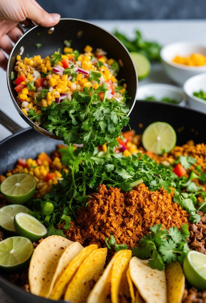 A colorful array of taco ingredients being dumped into a skillet for a quick and easy dinner