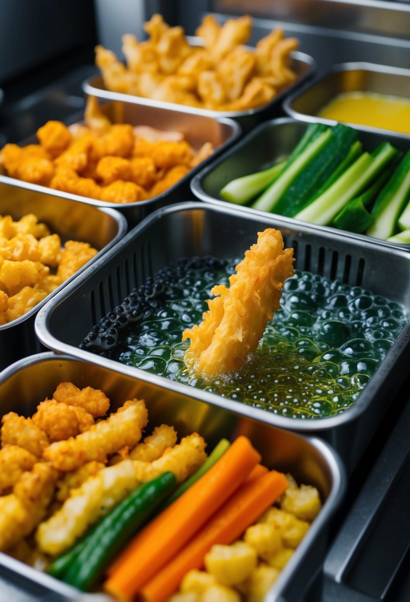 A bubbling deep fryer surrounded by an array of colorful tempura vegetables awaiting their turn to be dipped and fried