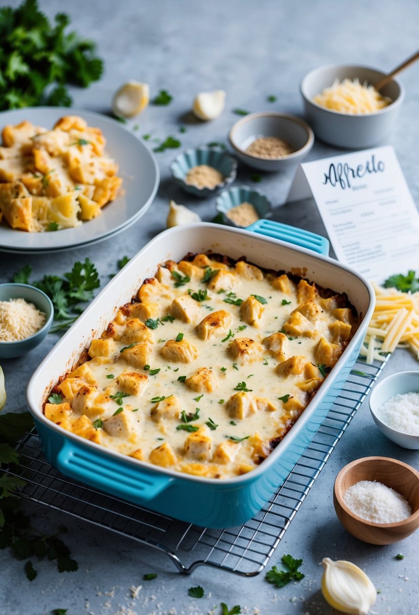 A baking dish filled with creamy chicken alfredo bake surrounded by scattered ingredients and a recipe card