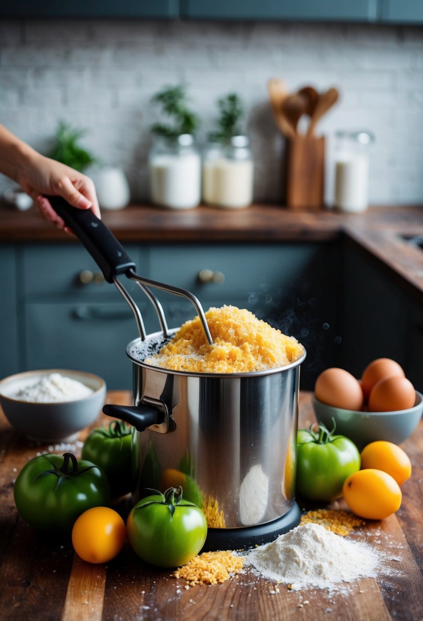 A bubbling deep fryer surrounded by fresh green tomatoes, flour, eggs, and breadcrumbs on a wooden kitchen counter