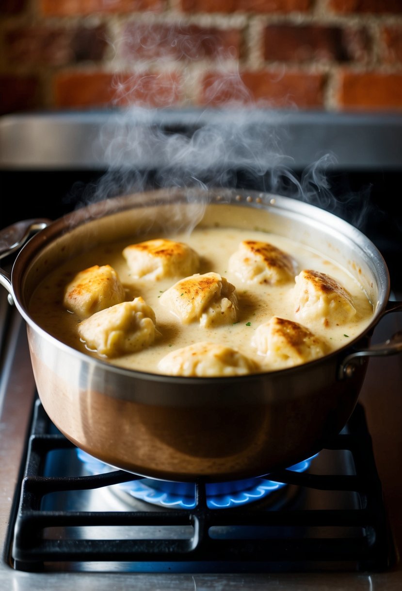 A steaming pot of creamy chicken and dumplings simmering on a rustic stove