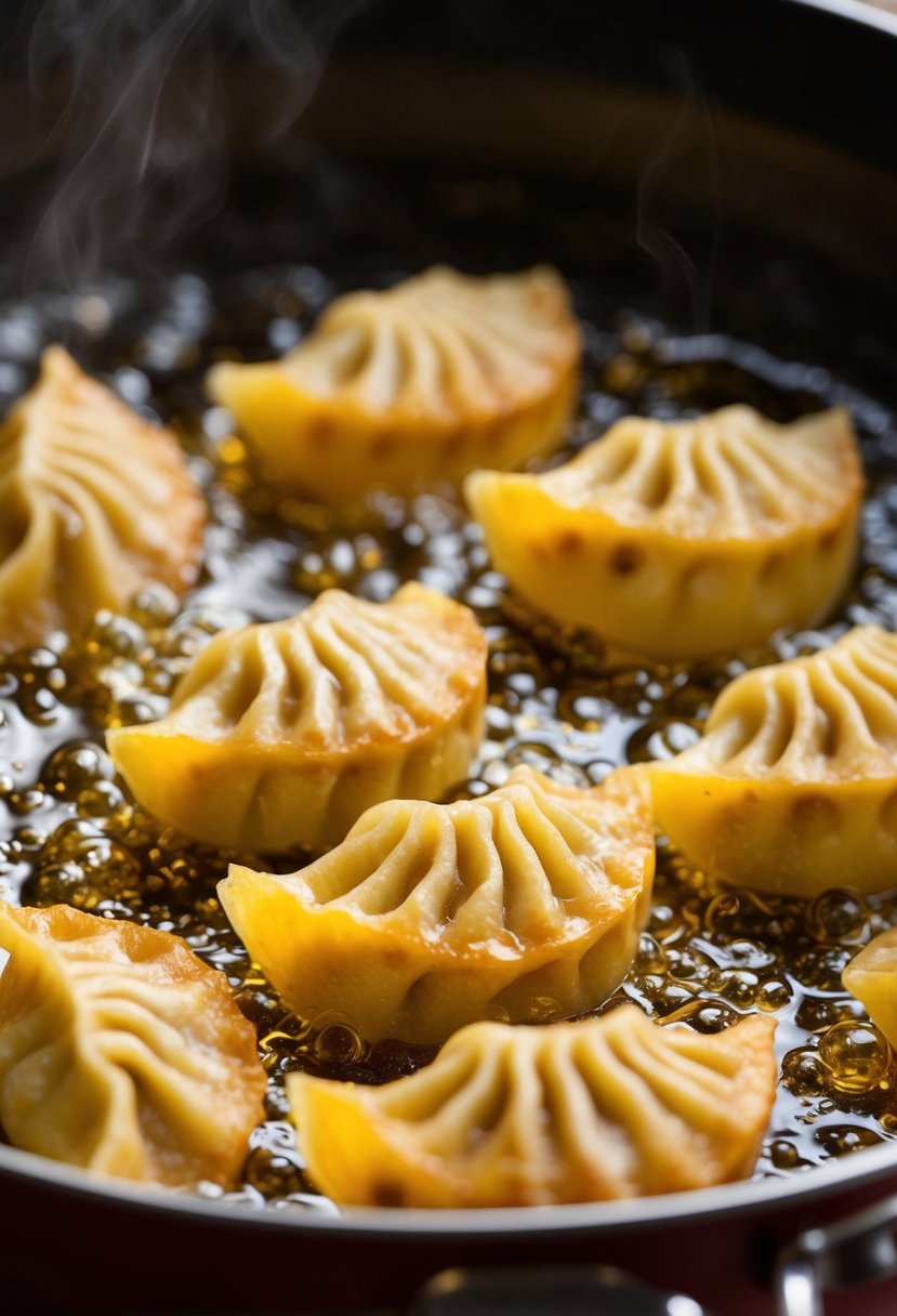 Golden dumplings sizzling in bubbling oil, emitting a savory aroma