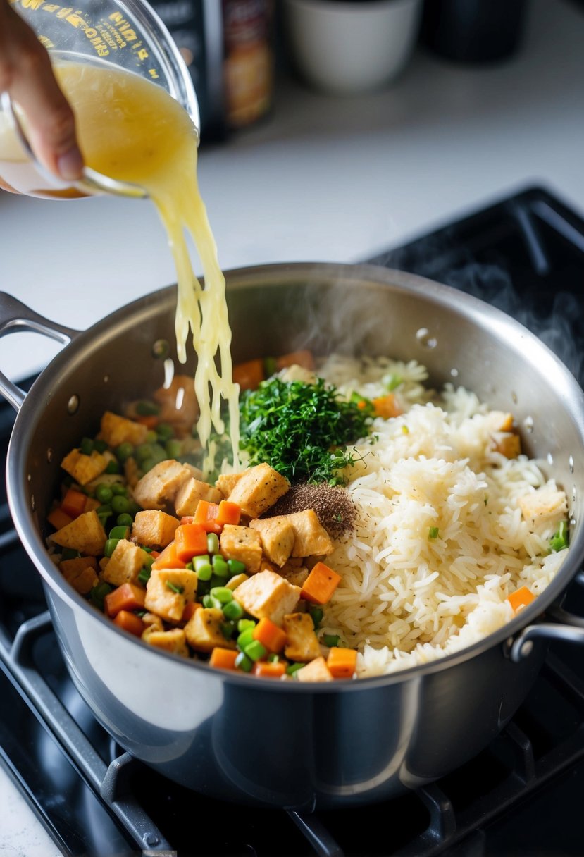 A pot of rice cooking on the stove, with diced chicken, vegetables, and seasonings being added