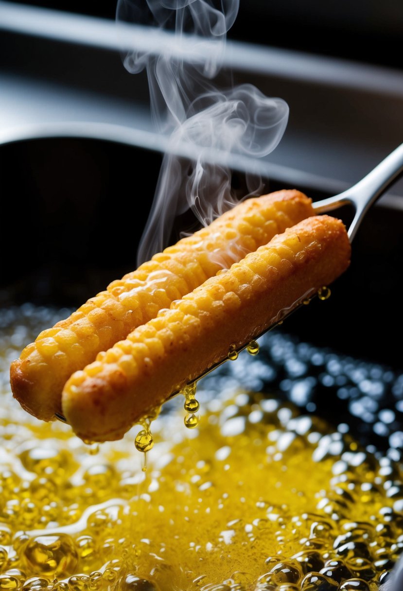 Golden corn dogs frying in bubbling oil, steam rising