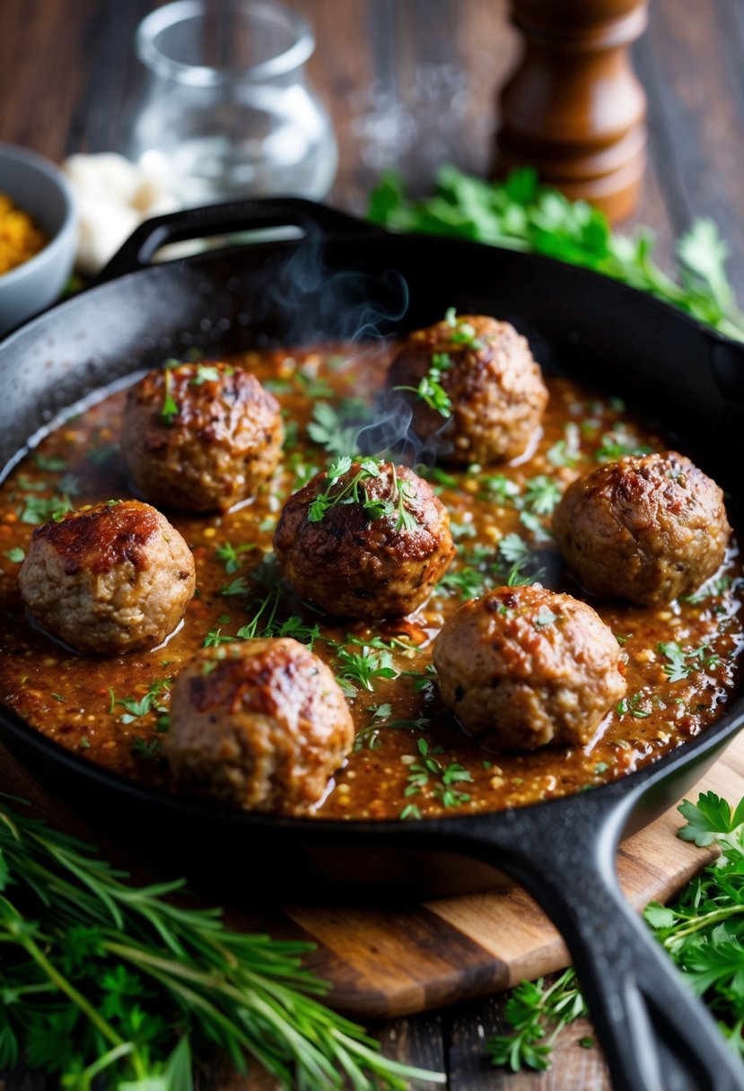 A sizzling skillet of venison meatballs, surrounded by fresh herbs and spices, emits a mouthwatering aroma