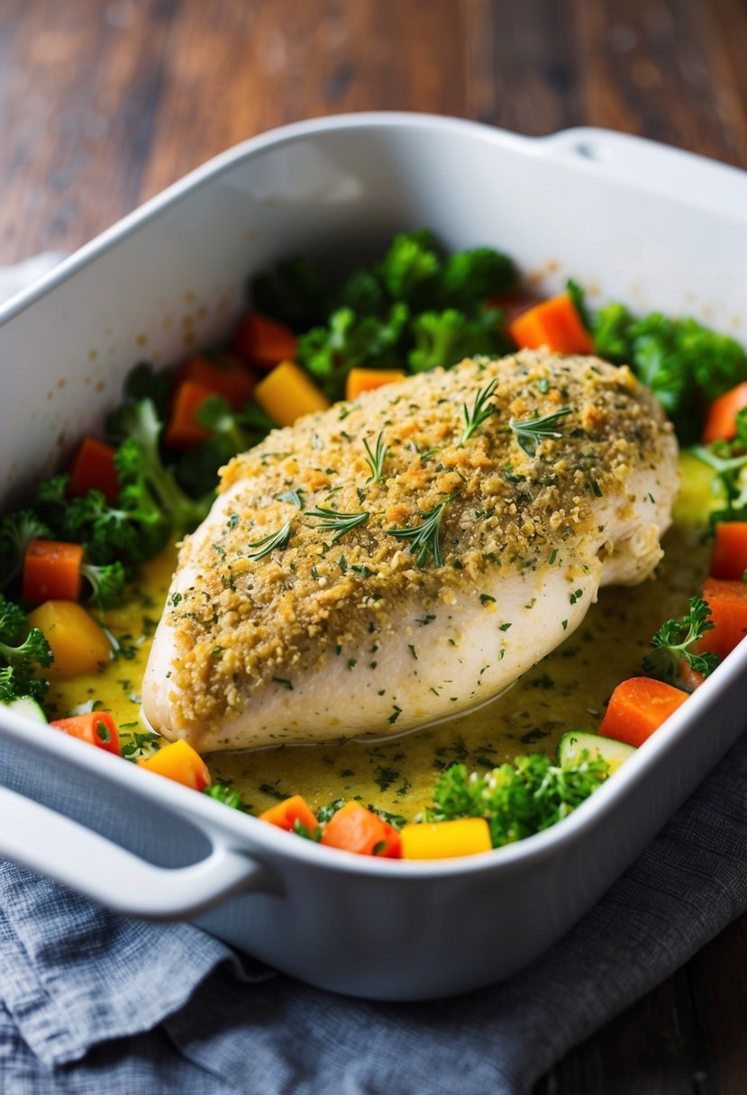 A golden-brown chicken breast coated in a fragrant herb crust, nestled on a bed of colorful vegetables in a baking dish